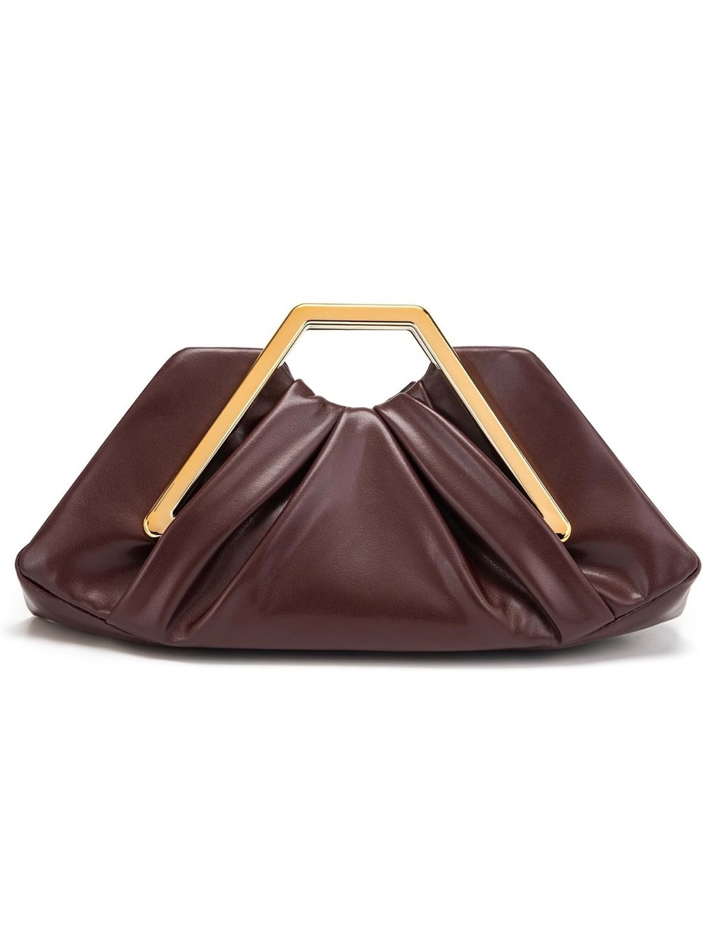 Chocolate Brown Ruched Clutch Bag Gold Geometric Handle Sculptural Handbag